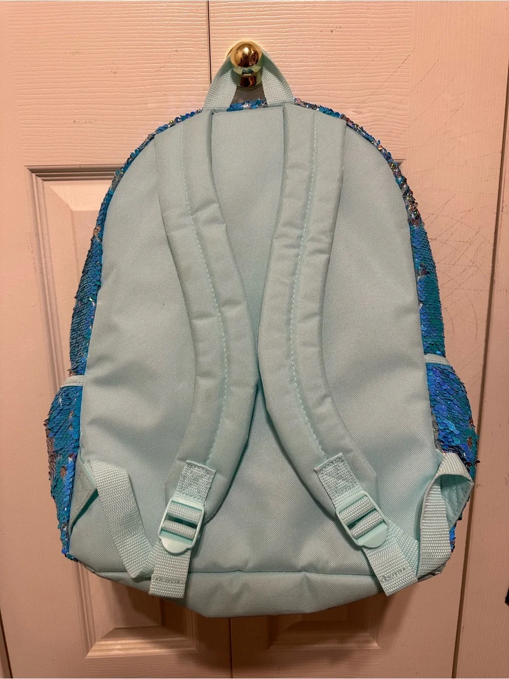 Justice Blue Sequin Kids Backpack with Faux Fur Charm